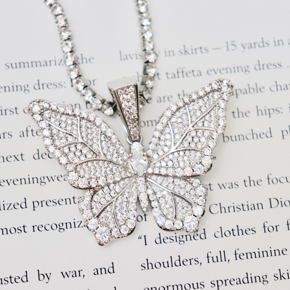 CZ Iced Butterfly Pendant w Gold Silver Iced Chain - Picture 7 of 10